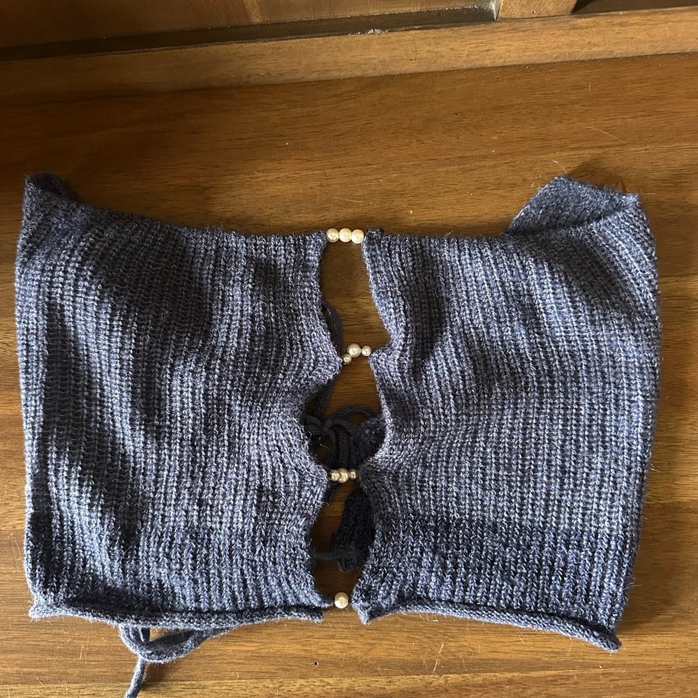 Blue Knit Tube Top with Pearl Accents
